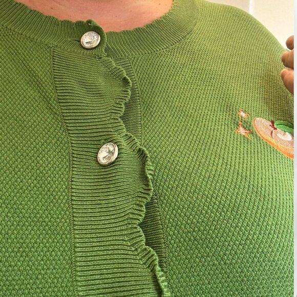Unique Vintage Green Cardigan w/ Peach Embroidery – 2X/3X - Picture 4 of 11